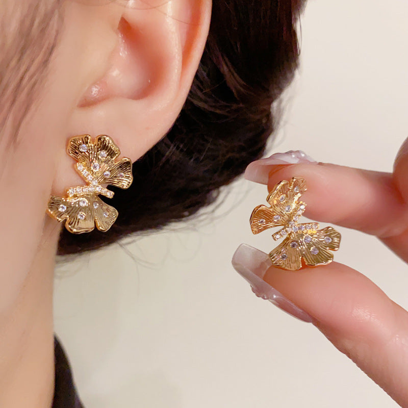 14K Gold-Plated 3D Metal Zircon Butterfly Stud Earrings –Luxury Design