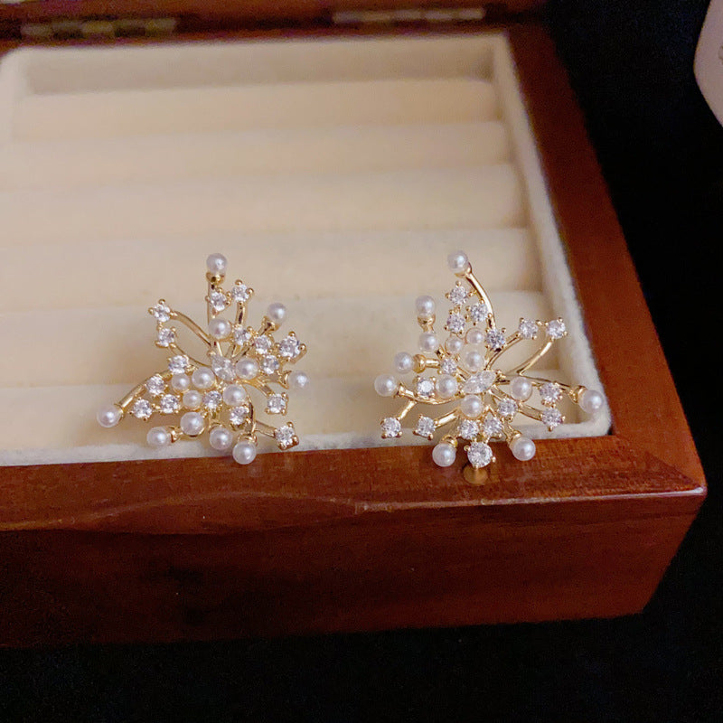 14K GoldLuxury Zircon & Pearl Firework Stud Earrings– Geometric Design