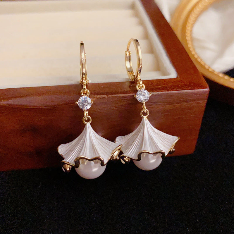 Luxury Light-Coated Petal & Pearl Drop Gold Earrings – Floral Design