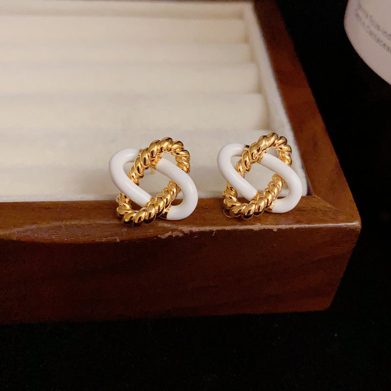 Elegant Drip-Oil Twisted Cross Metal Stud Earrings – Minimalist Design