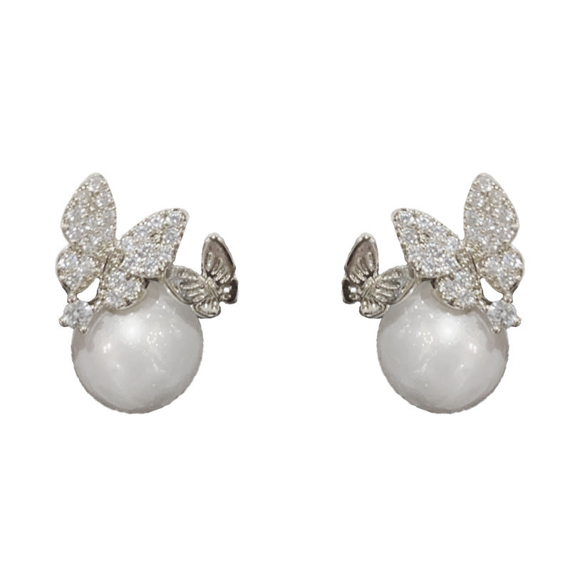 14K Gold Zircon Butterfly Pearl Stud Earrings- Chic Elegance Design