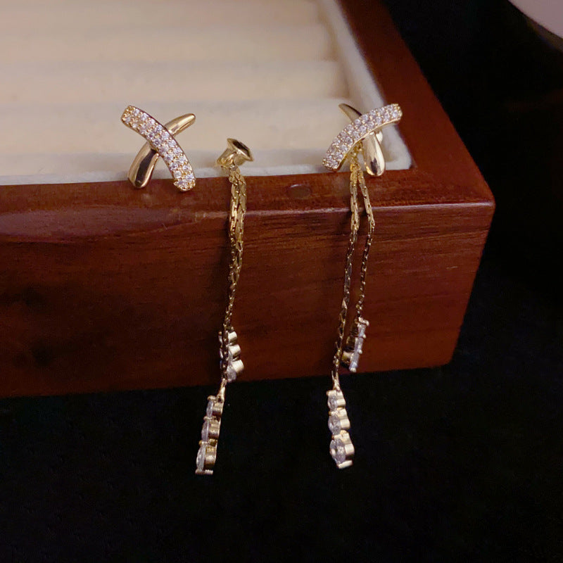 14K Gold-Plated Zircon Cross Dual-Wear Tassel Earrings –Elegant Design