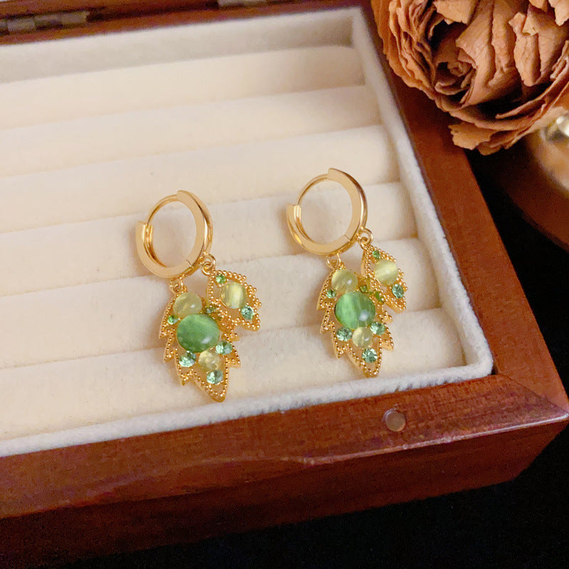 Luxury Green Hollow D-Layer Leaf Gold Earrings – Elegant Design