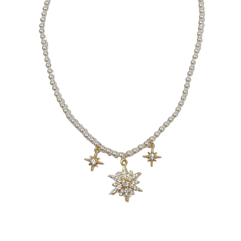 14K Gold Zircon Eight-Point Star Pendant Pearl Necklace –Elegant Charm