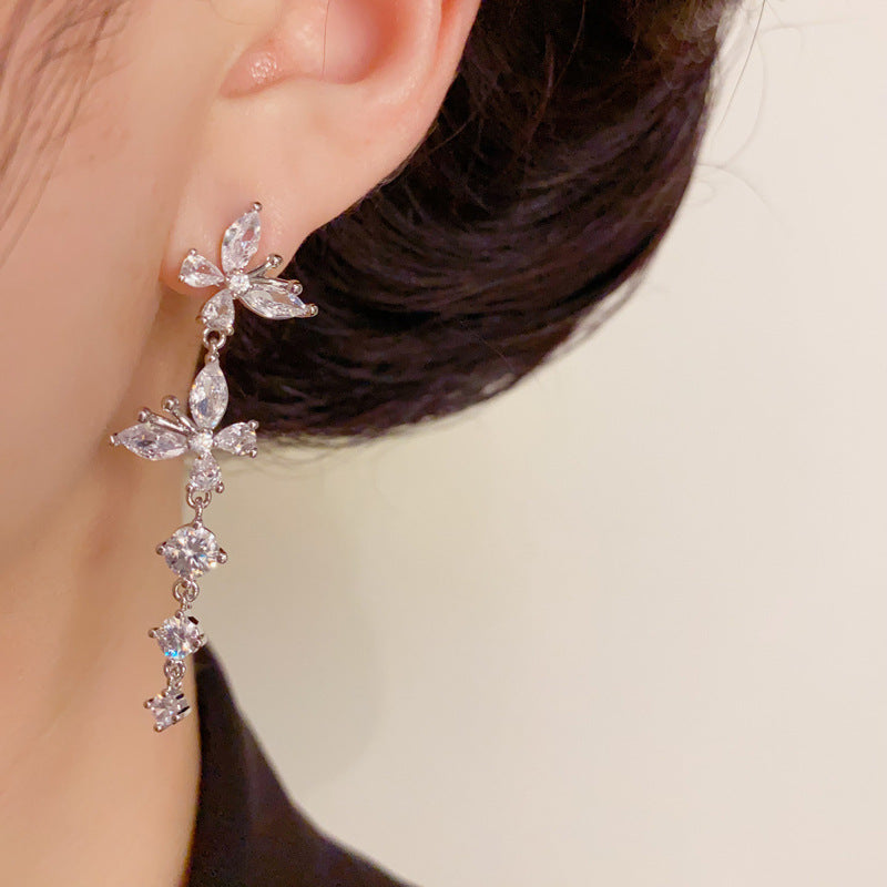 14K Glod Luxury Zircon Butterfly Tassel Drop Earrings – Elegant Design