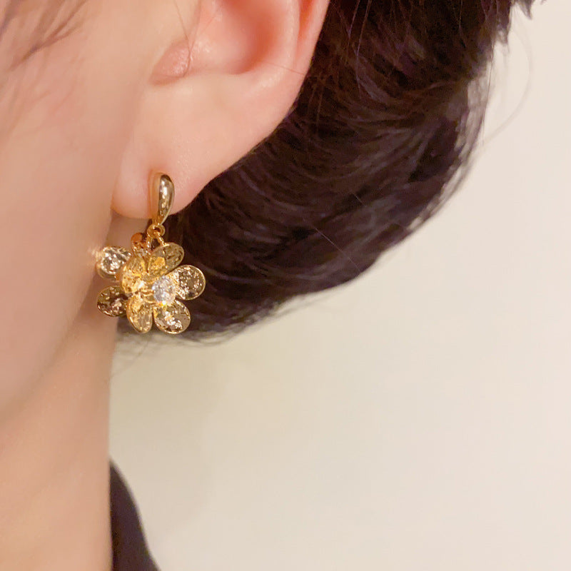 Luxury Double-Sided Metal Flower Drop Earrings – Elegant Design