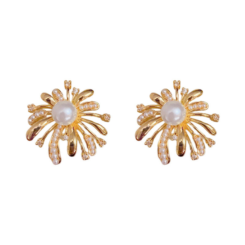 Luxury Metal Pearl & Firework Stud Earrings – Elegant Floral Design