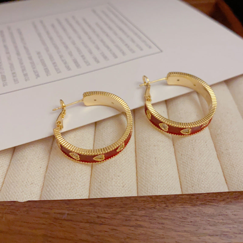 14K Gold-Plated Hoops Ankara Red Heart Earrings - Vintage Style