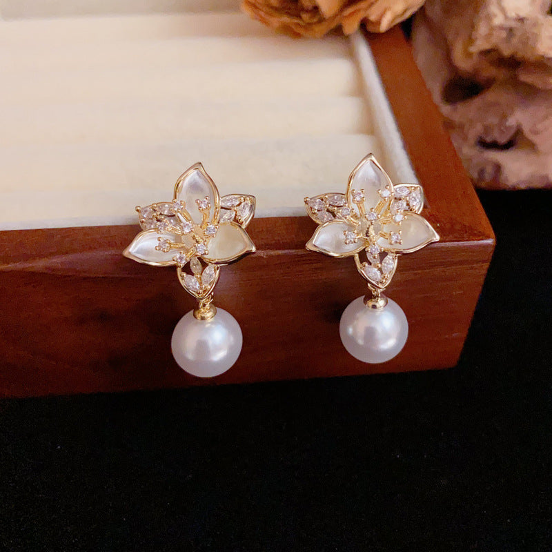 Zircon Flower Petal & Pearl Drop Gold Flower Earrings – Elegant Design