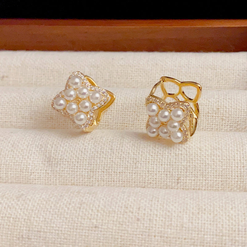 Elegant Micro-Zircon & Pearl Four-Leaf Flower Earrings – Floral Design