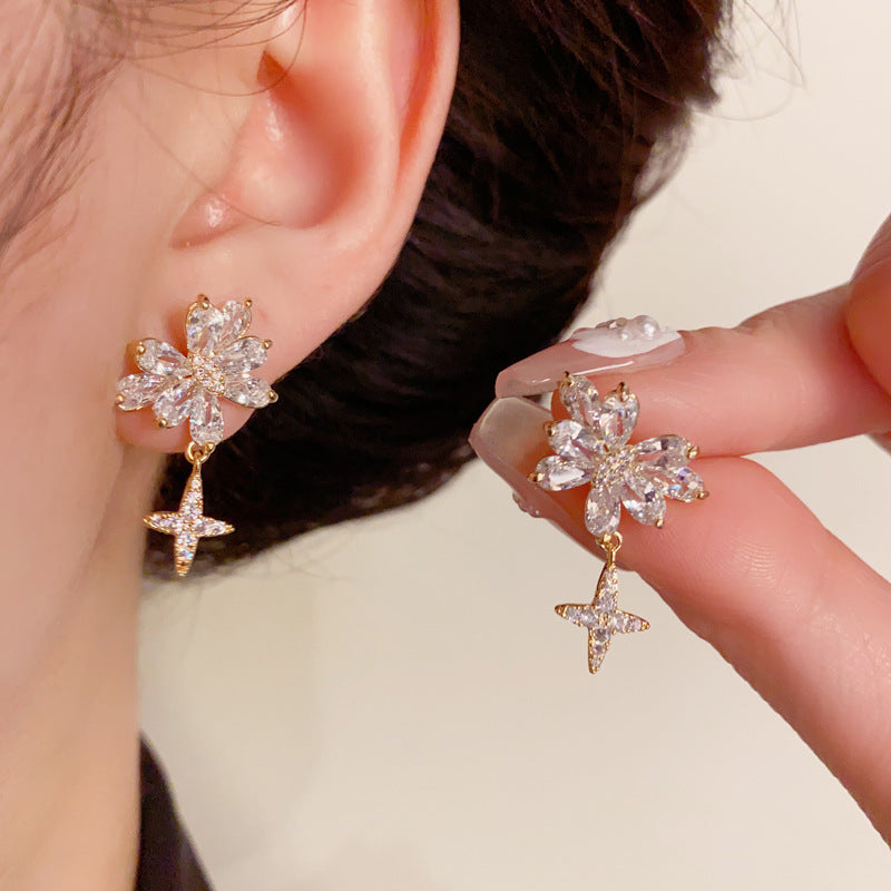 14K Gold Zircon Butterfly Star Drop Earrings- Chic Elegance Design