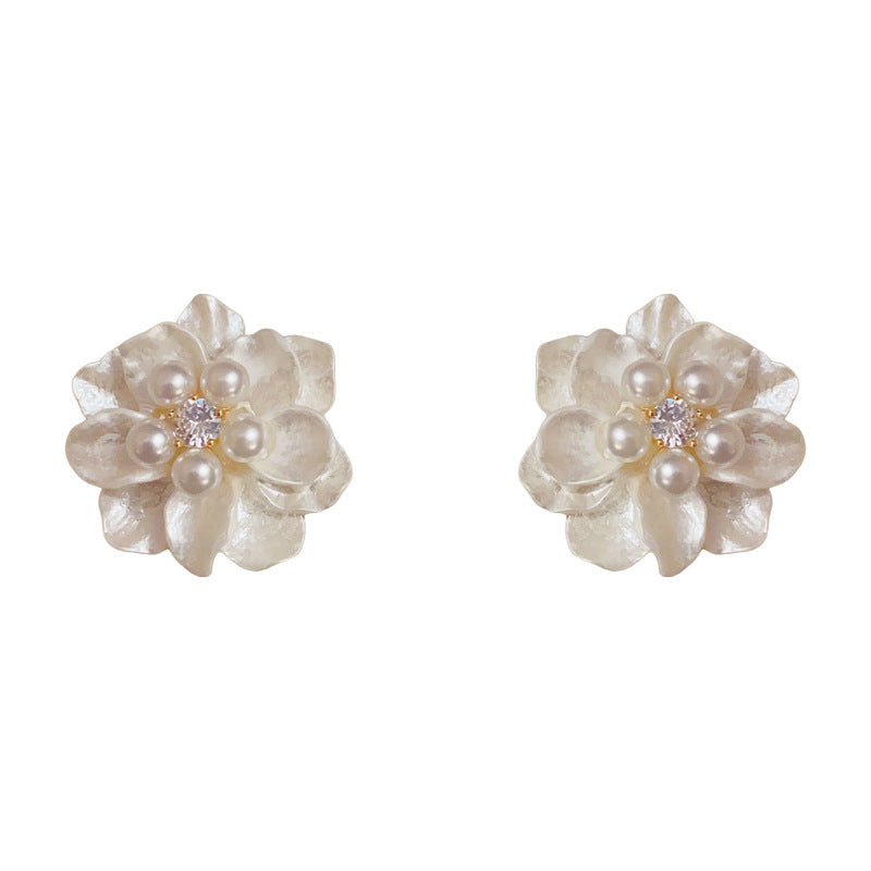 Elegant Pearl & Camellia Stud Floral Earrings – Silver Needle Design
