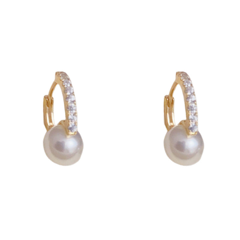 14K Gold Pearl & Zircon Hoop Earrings – Minimalist Luxury Design