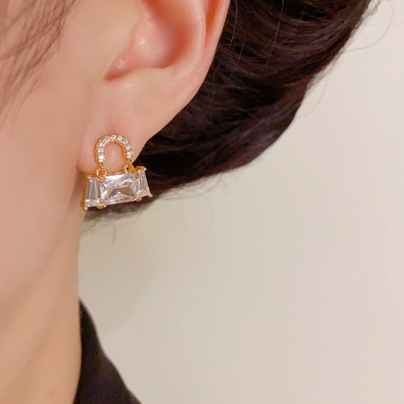 Elegant Full-Zircon Square Bag Stud Earrings – Geometric Design