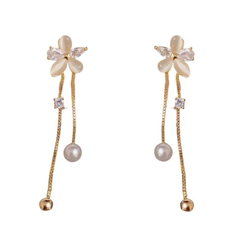 Zircon Flower & Pearl Tassel Drop Flower Earrings – Elegant Design
