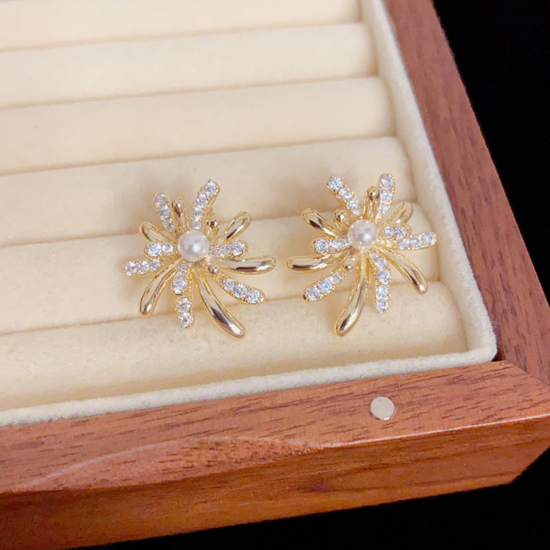 Gold Flower Bouquet Earrings – Micro Zircon Vintage Studs for Women