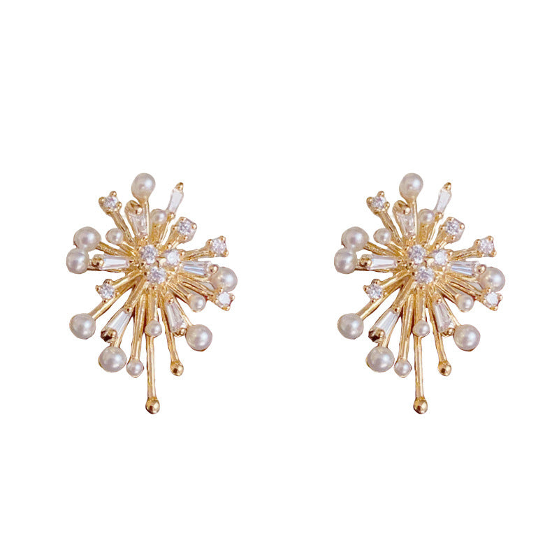 Elegant Pearl & Zircon Firework Stud Earrings – Silver Needle Design