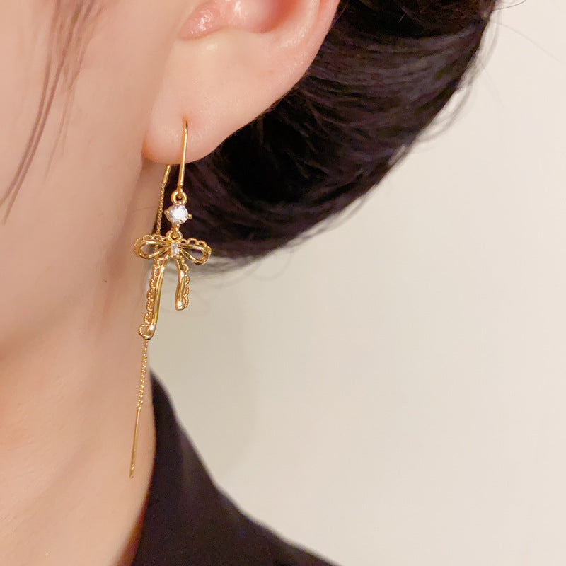 Luxury Metal Lace Bow Threader Earrings – Elegant Design