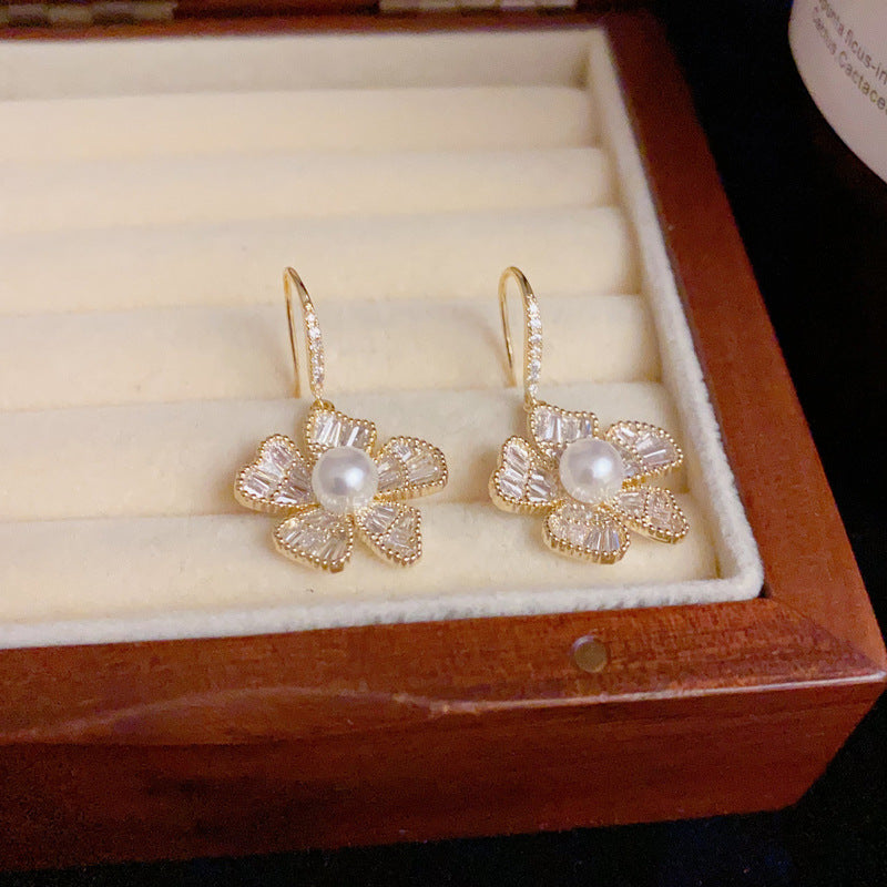 14K Gold Zircon Flower Pearl Hook Earrings – Elegant French Style