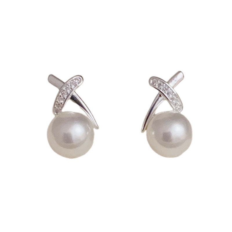 S925 Silver Minimalist Crossed Pearl Stud Earrings – Elegant Design