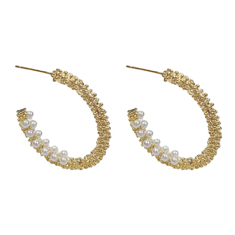 14K Gold Crushed Silver Pearl Hoop Earrings- Chic Minimalist Design