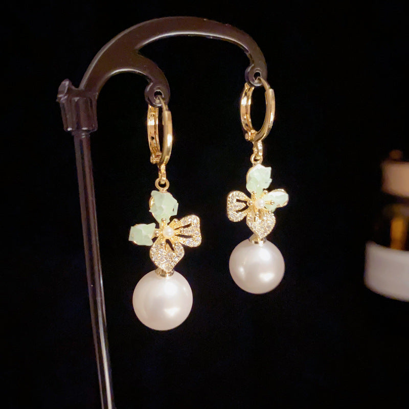 14K Gold Zircon Crystal Butterfly Pearl Drop Earrings – Elegant Design