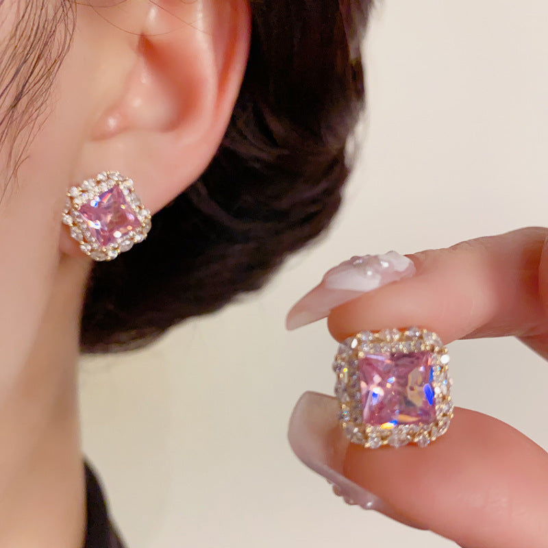 14K Gold-Plated Micro-Pavé Square Stud Earrings – Chic Sparkle Design