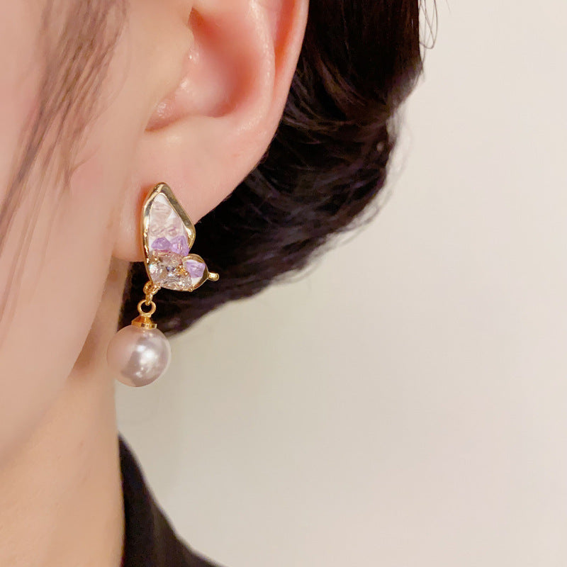 14K Gold-Plated Butterfly Pearl Drop Earrings – Elegant Sweet Design