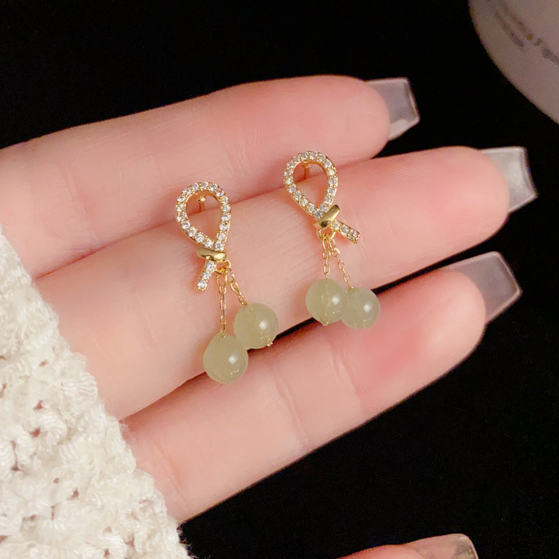14K Gold-Plated Zircon Knot Green Bead Drop Earrings – Elegant Design