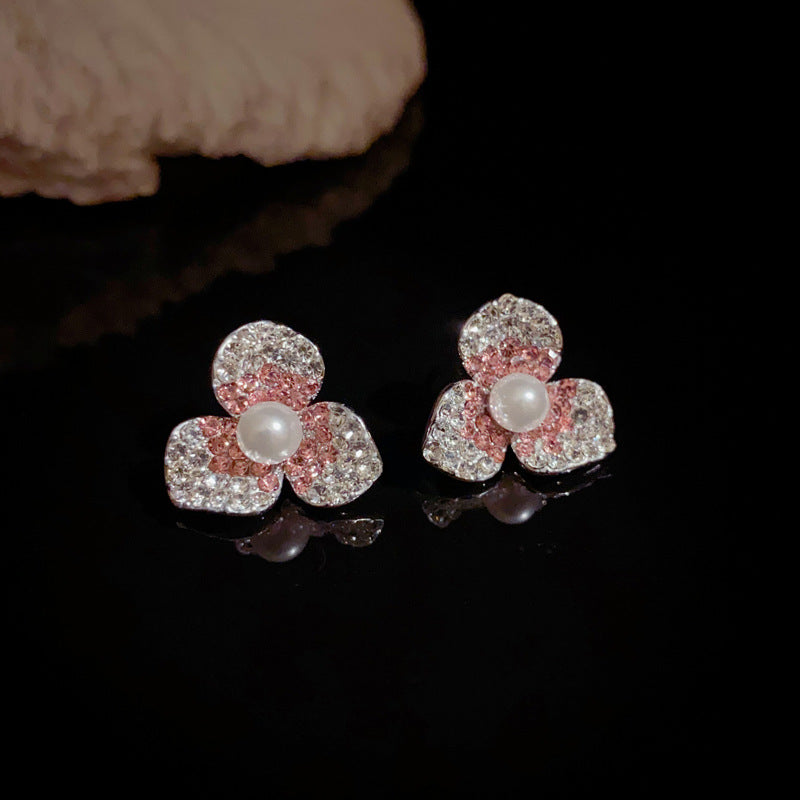 Zircon Gradient Three-Leaf Flower Stud Earrings – S925 Silver Needle