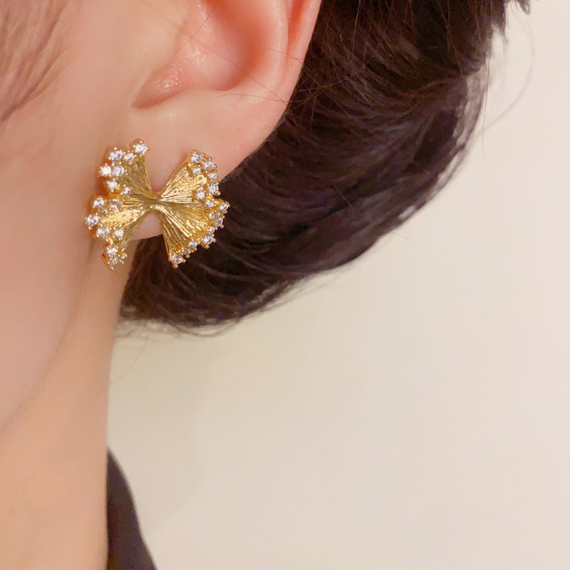 Luxury Pleated Bow-Shaped & Zircon Stud Earrings – Elegant Design