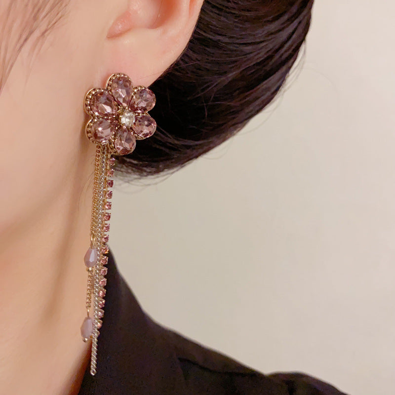 Luxury Zircon Floral Petal 2-Way Tassel Drop Earrings – Elegant Design