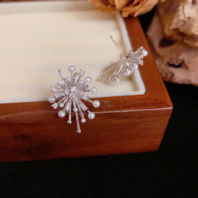 Elegant Pearl & Zircon Firework Stud Earrings – Silver Needle Design