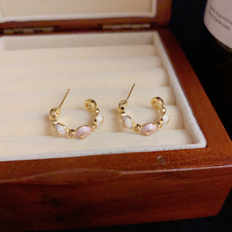 14K Gold Sweet Enamel Color-Block C-Shaped Earrings – Elegant Design