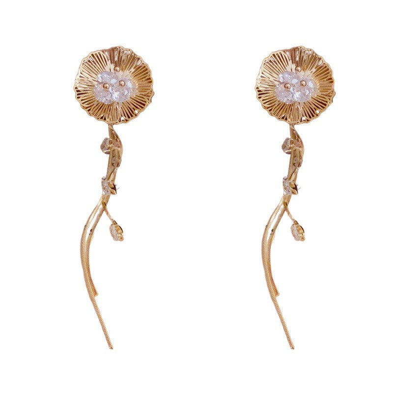 Eaioncol CZ Petal Tassel Drop Earrings 14K Gold Plated