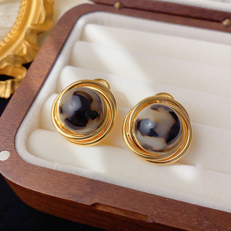 Elegant Tiger's Eye Round Metal Stud Earrings – Geometric Design