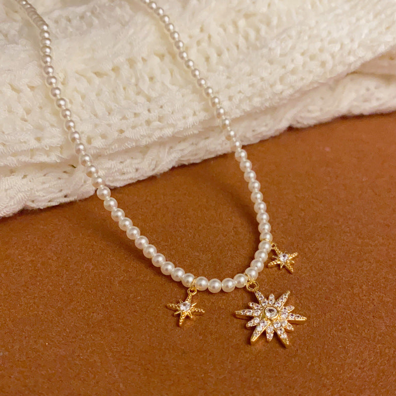 14K Gold Zircon Eight-Point Star Pendant Pearl Necklace –Elegant Charm
