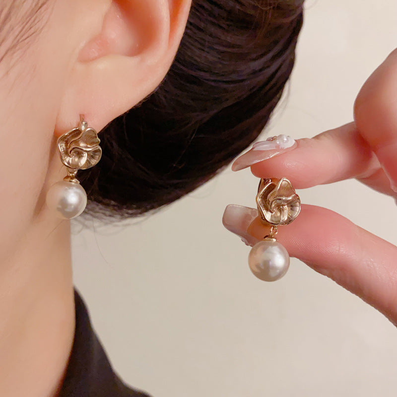 Luxury Petal Pearl Drop Earrings – Elegant Floral Design
