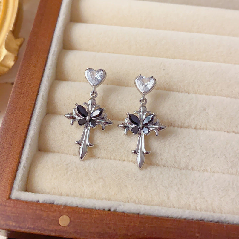 Elegant Zircon Butterfly Cross Drop Earrings – Unique Design