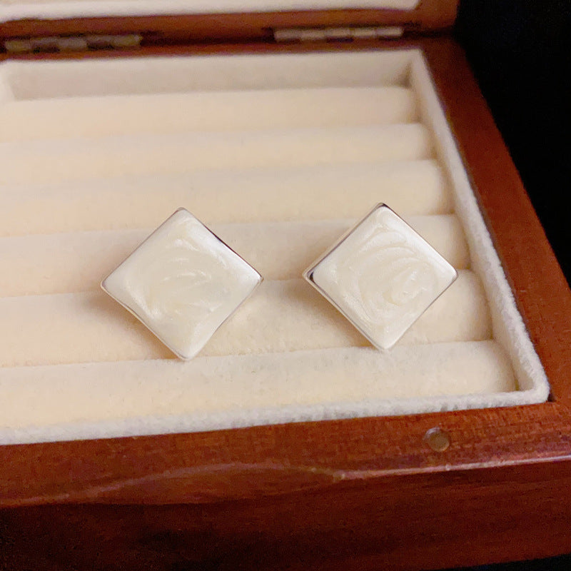 S925 Silver White Diamond-Shaped Stud Earrings – Geometric Design