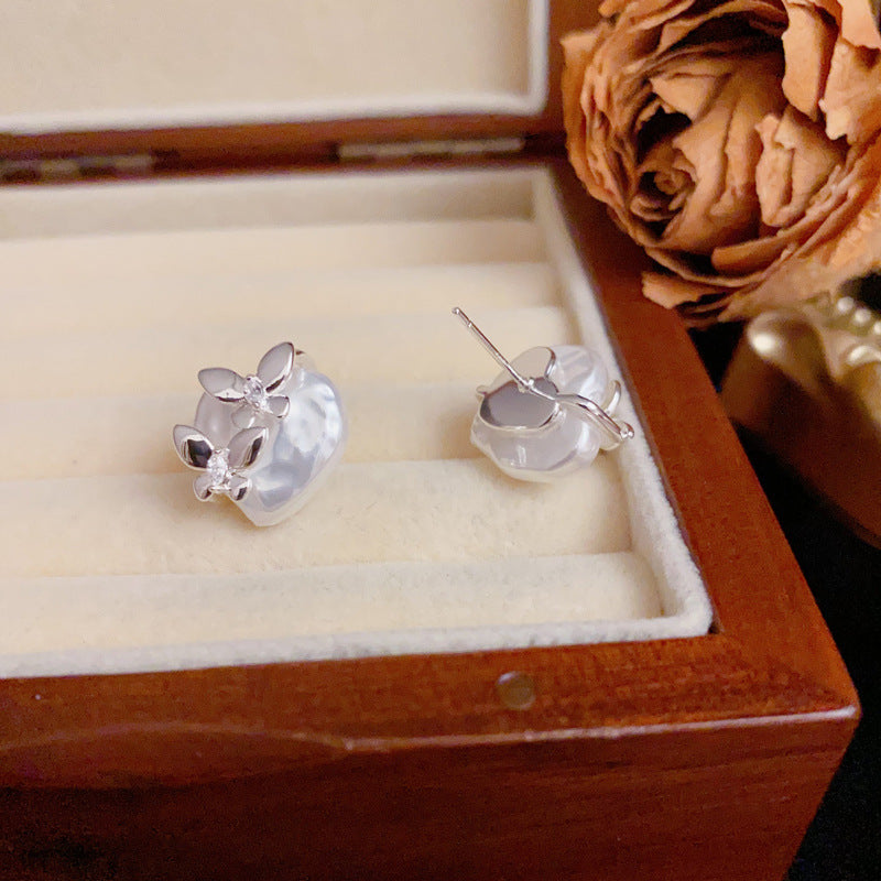 Elegant Thick Silver Butterfly & Heart Stud Earrings – Silver Needle