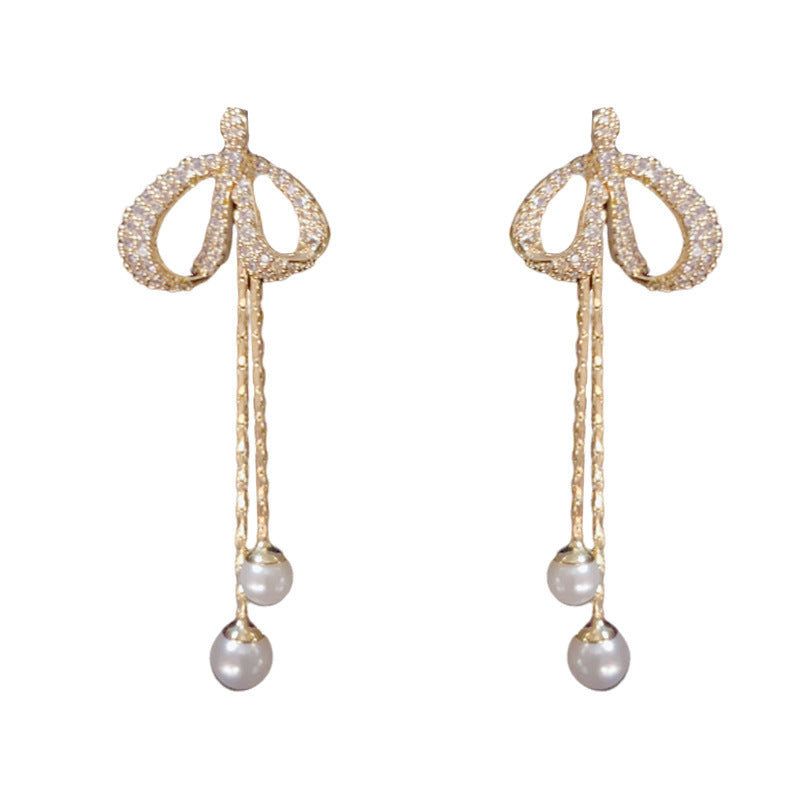 14K Gold-Plated Bow Pearl Tassel Earrings – Pave Zircon Design