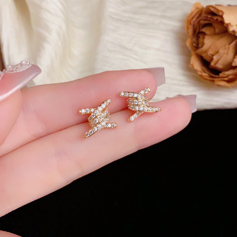 Luxury Full-Zircon Winding Camellia Stud Earrings – Geometric Design