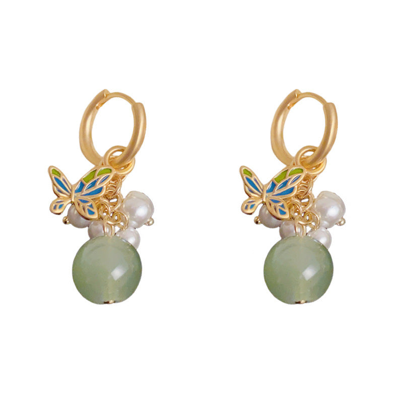 Luxury Butterfly Pearl & Imitation Jade Drop Earrings – Elegant Design