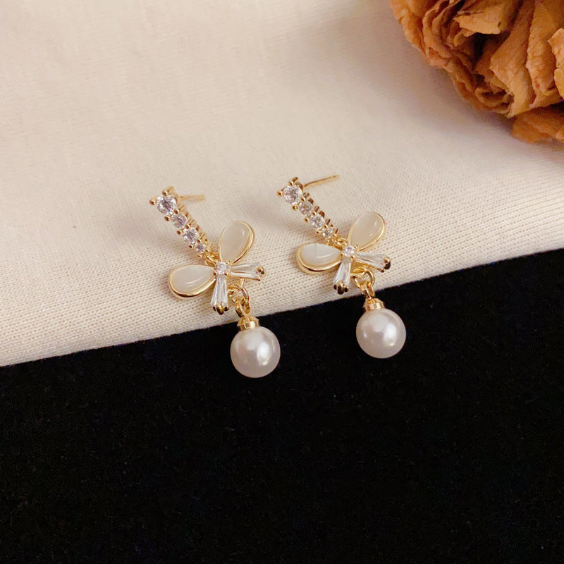 Elegant Zircon Bow & Pearl Drop Gold Earrings – S925 Silver Needle