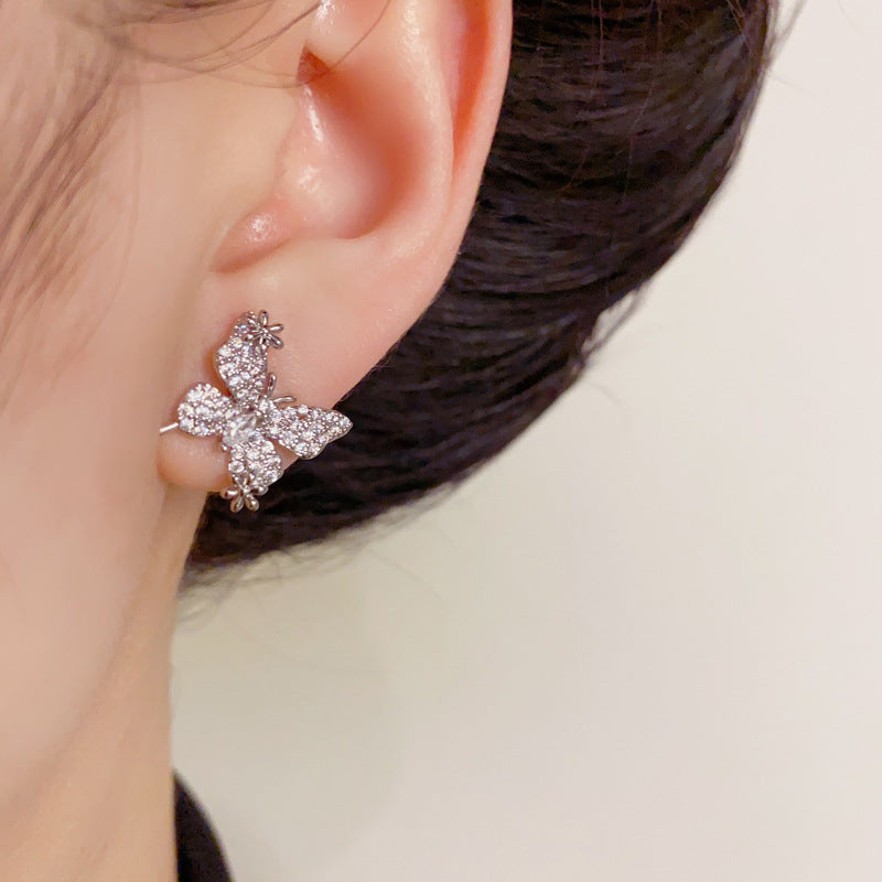 14K Gold-Plated Full Zircon Butterfly Stud Earrings – Elegant Sparkle