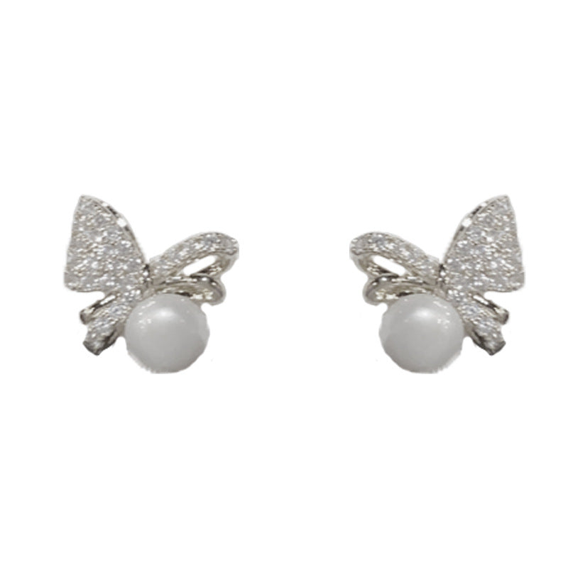 14K Gold Luxury Zircon Bow & Pearl Stud Earrings – Elegant Design