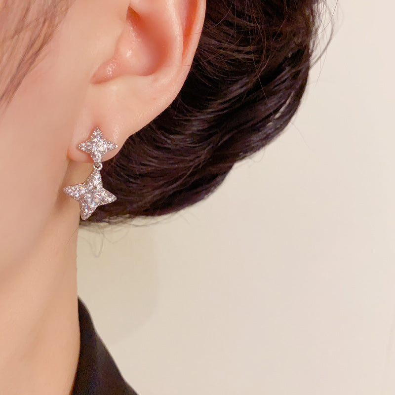 Luxury Full-Zircon Four-Point Star Drop Earrings – Elegant Design