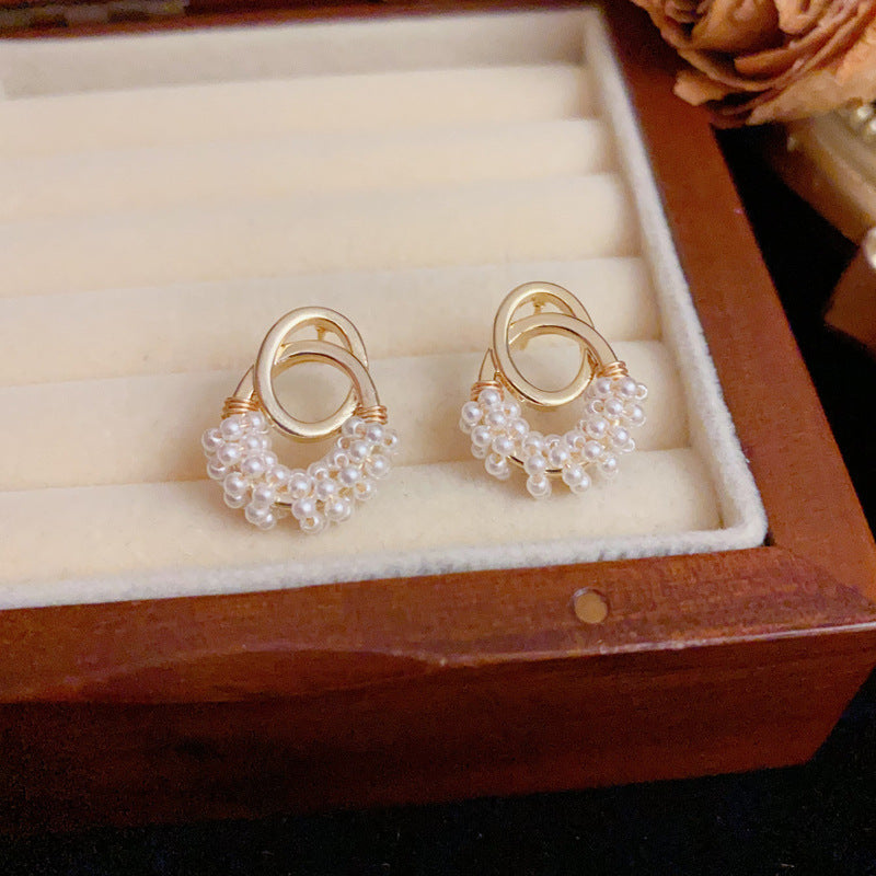 French vintage Pearl Geometric Stud Earrings – Silver Needle Design