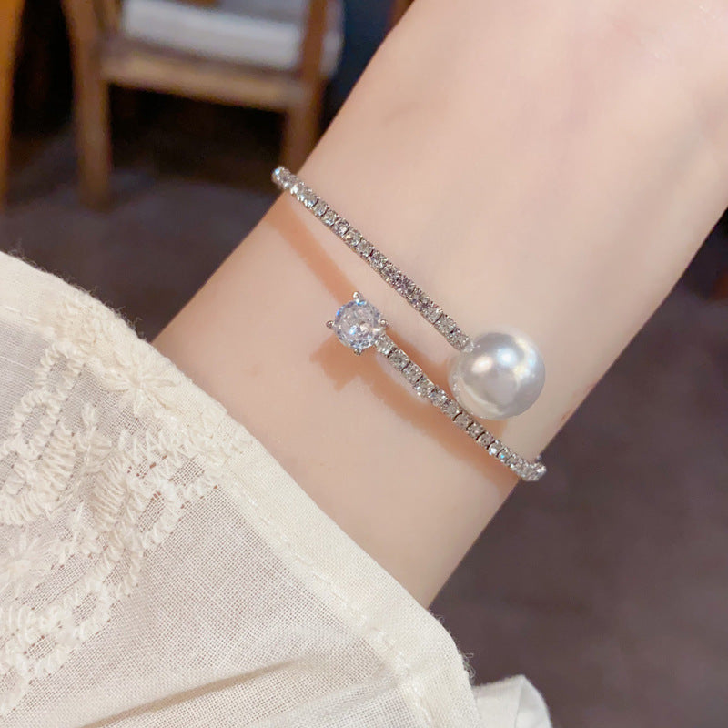 Minimalist Pearl & Rhinestone Open Cuff Bracelet – Adjustable Design